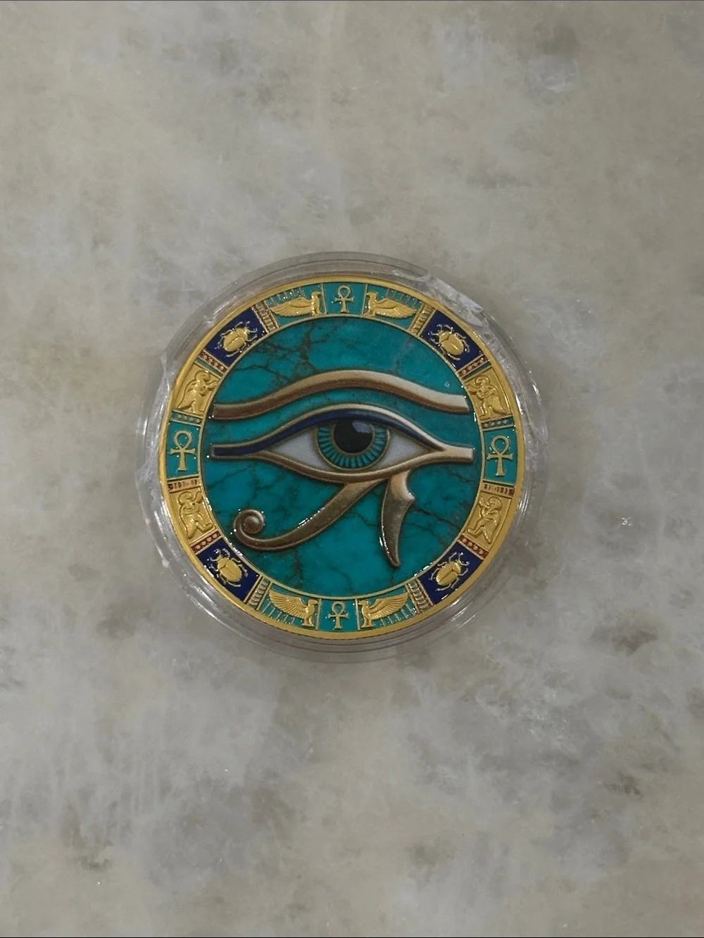 Turquoise and Gold Eye of Horus Decorative Coin